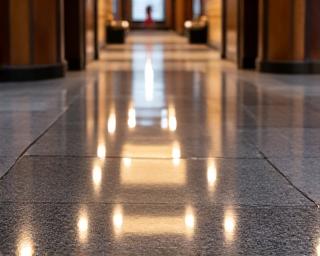Polished stone lobby floor in a modern office building
